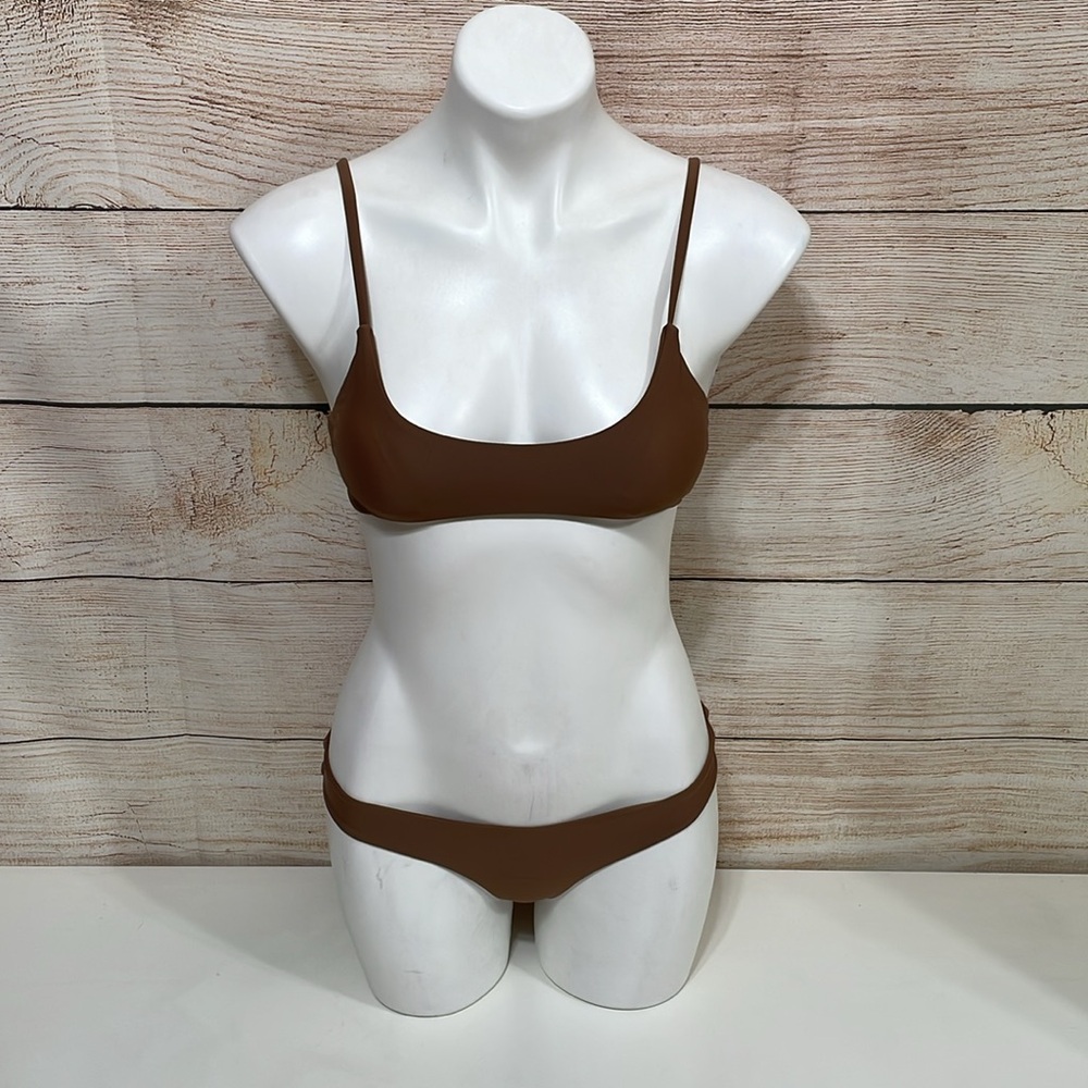NWT SherryDc Sz S Brown Two Piece Brazilian Scoop Neck Bikini Swimsuit